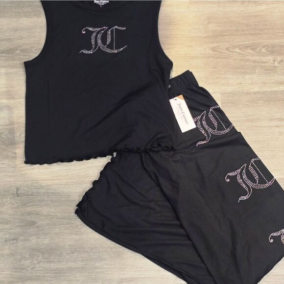 Juicy Couture JC Rhinestone Logo Ribbed Tank & Pants PJ Set- Black - Picture 3 of 8
